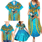Gold Coast Titans Rugby Family Matching Summer Maxi Dress and Hawaiian Shirt Polynesian Tribal Spartan Warrior Blue Gold Pattern