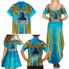 Gold Coast Titans Rugby Family Matching Summer Maxi Dress and Hawaiian Shirt Polynesian Tribal Spartan Warrior Blue Gold Pattern
