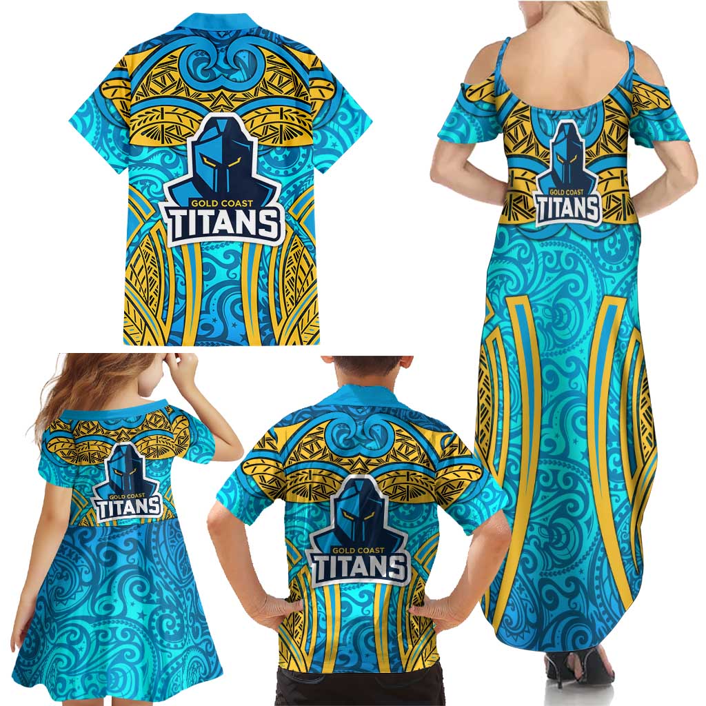 Gold Coast Titans Rugby Family Matching Summer Maxi Dress and Hawaiian Shirt Polynesian Tribal Spartan Warrior Blue Gold Pattern
