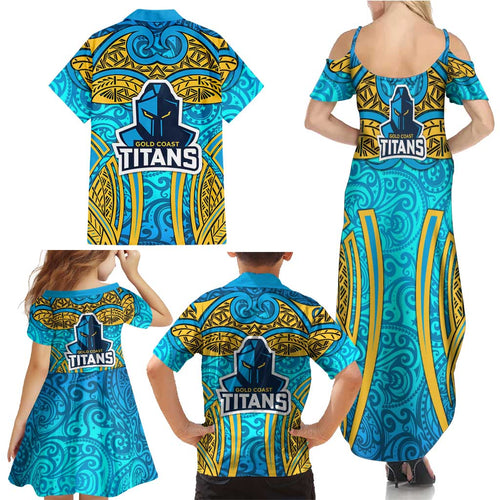 Gold Coast Titans Rugby Family Matching Summer Maxi Dress and Hawaiian Shirt Polynesian Tribal Spartan Warrior Blue Gold Pattern