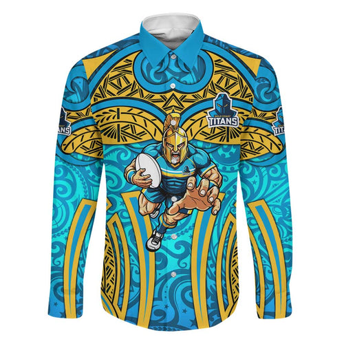 Gold Coast Titans Rugby Family Matching Summer Maxi Dress and Hawaiian Shirt Polynesian Tribal Spartan Warrior Blue Gold Pattern