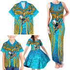 Gold Coast Titans Rugby Family Matching Tank Maxi Dress and Hawaiian Shirt Polynesian Tribal Spartan Warrior Blue Gold Pattern