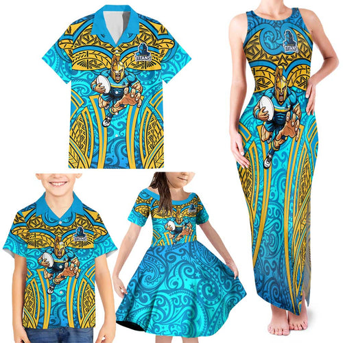 Gold Coast Titans Rugby Family Matching Tank Maxi Dress and Hawaiian Shirt Polynesian Tribal Spartan Warrior Blue Gold Pattern