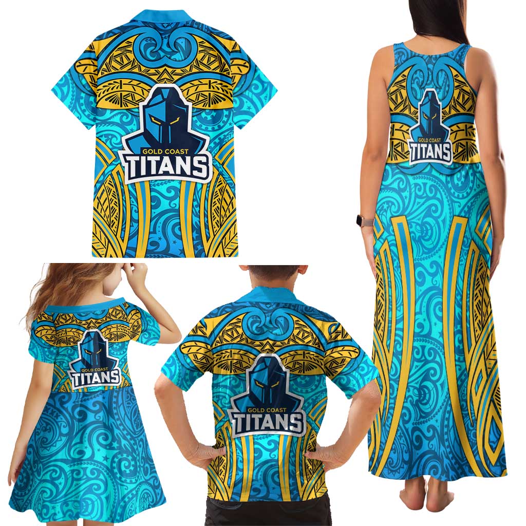Gold Coast Titans Rugby Family Matching Tank Maxi Dress and Hawaiian Shirt Polynesian Tribal Spartan Warrior Blue Gold Pattern
