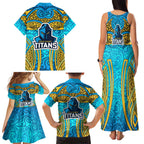 Gold Coast Titans Rugby Family Matching Tank Maxi Dress and Hawaiian Shirt Polynesian Tribal Spartan Warrior Blue Gold Pattern