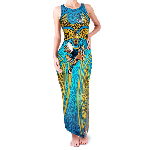 Gold Coast Titans Rugby Family Matching Tank Maxi Dress and Hawaiian Shirt Polynesian Tribal Spartan Warrior Blue Gold Pattern