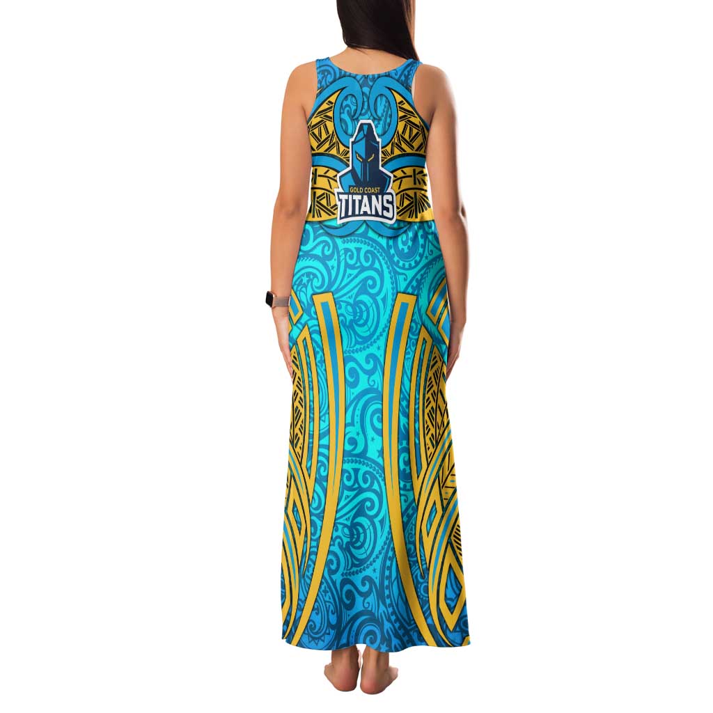Gold Coast Titans Rugby Family Matching Tank Maxi Dress and Hawaiian Shirt Polynesian Tribal Spartan Warrior Blue Gold Pattern