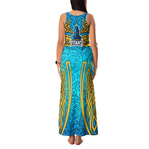 Gold Coast Titans Rugby Family Matching Tank Maxi Dress and Hawaiian Shirt Polynesian Tribal Spartan Warrior Blue Gold Pattern