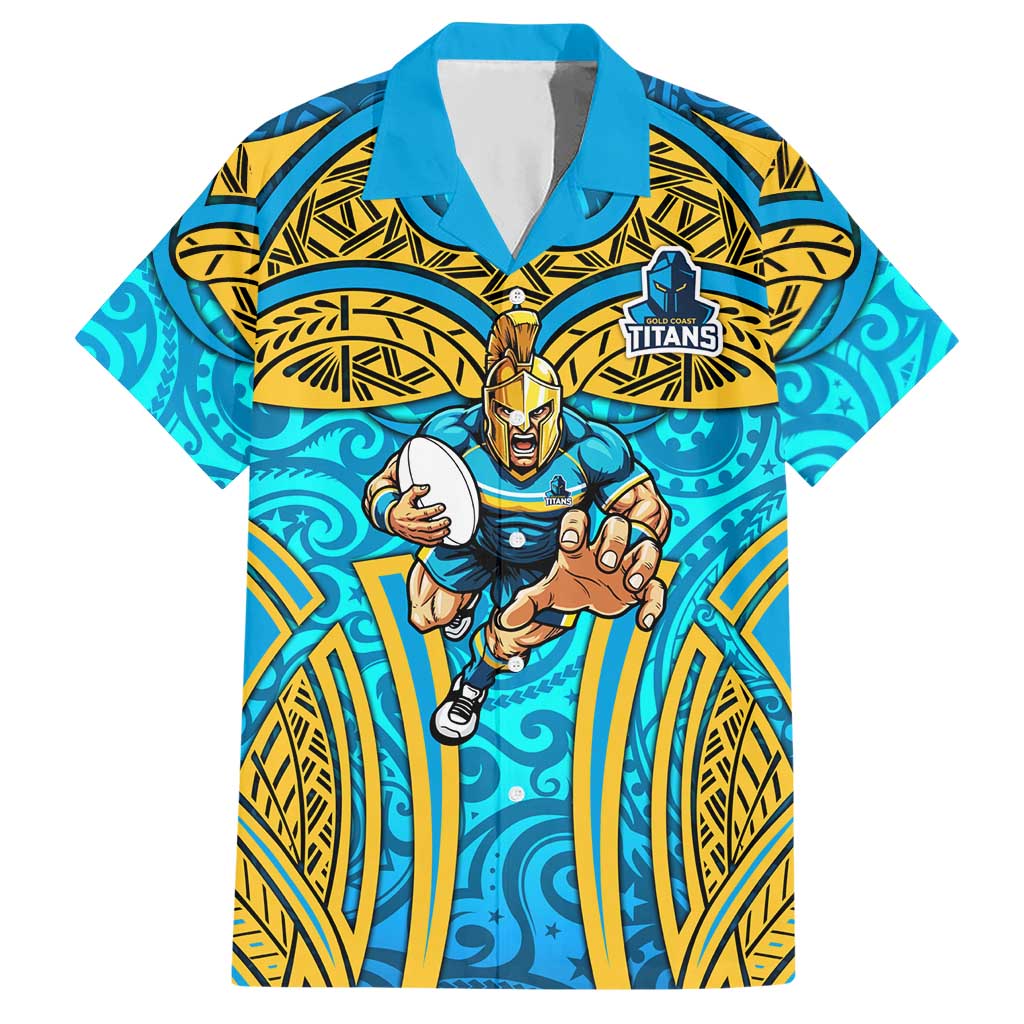 Gold Coast Titans Rugby Hawaiian Shirt Polynesian Tribal Spartan Warrior Blue Gold Pattern