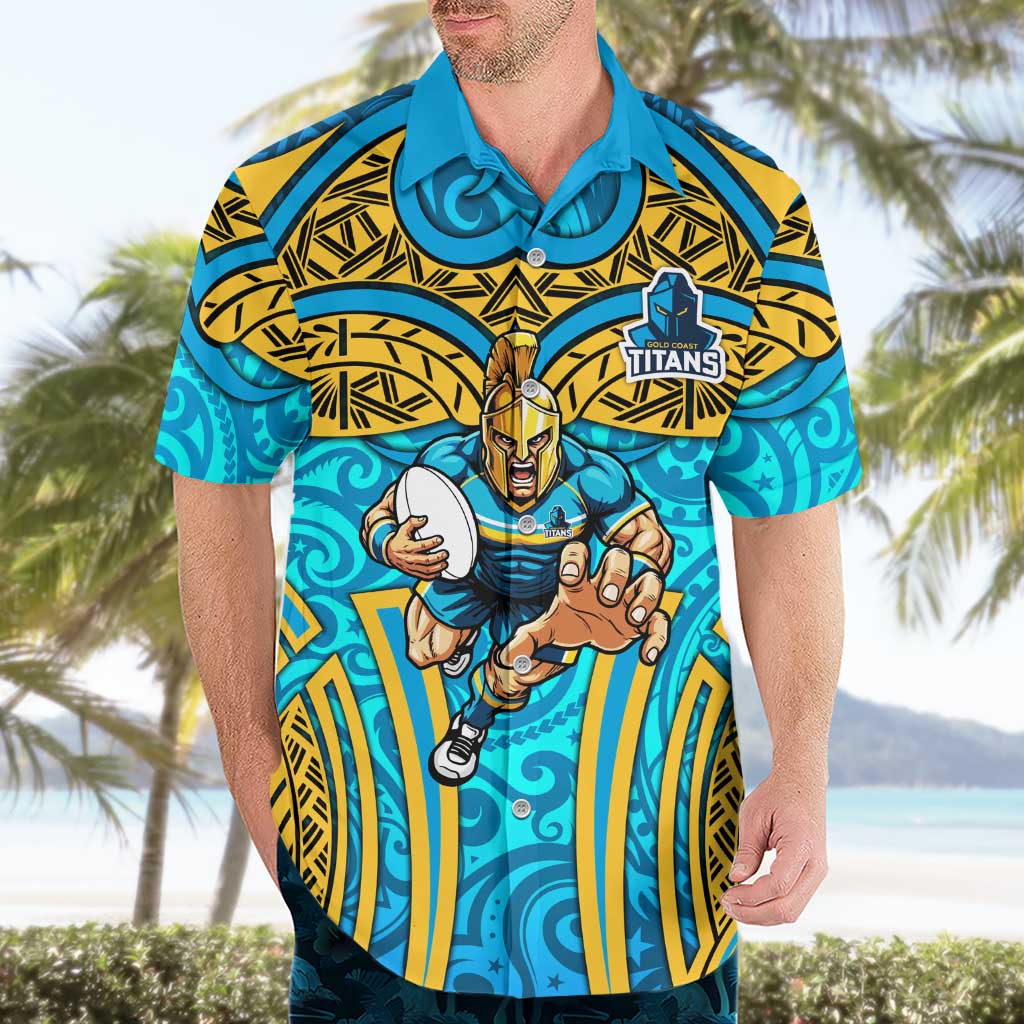 Gold Coast Titans Rugby Hawaiian Shirt Polynesian Tribal Spartan Warrior Blue Gold Pattern