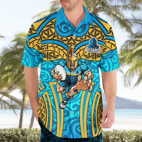 Gold Coast Titans Rugby Hawaiian Shirt Polynesian Tribal Spartan Warrior Blue Gold Pattern