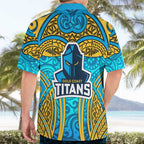 Gold Coast Titans Rugby Hawaiian Shirt Polynesian Tribal Spartan Warrior Blue Gold Pattern