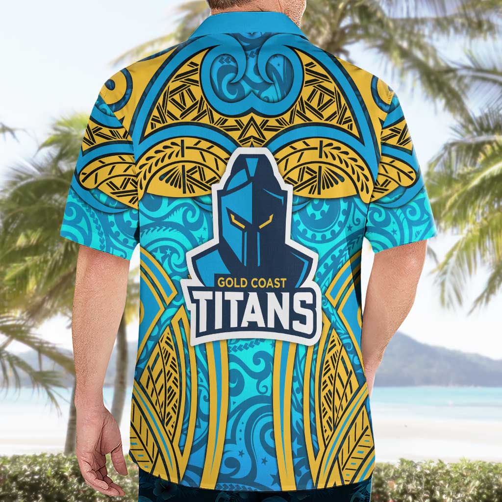 Gold Coast Titans Rugby Hawaiian Shirt Polynesian Tribal Spartan Warrior Blue Gold Pattern