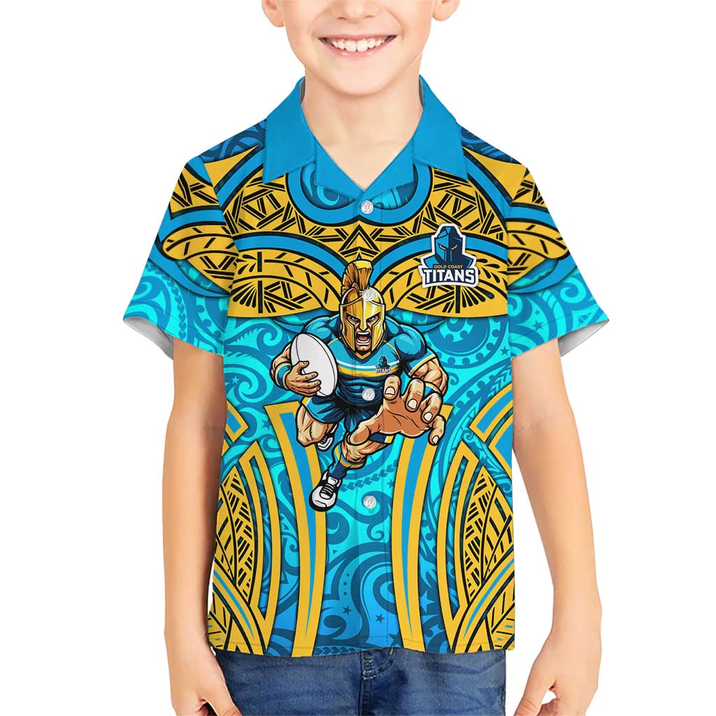 Gold Coast Titans Rugby Hawaiian Shirt Polynesian Tribal Spartan Warrior Blue Gold Pattern