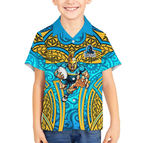 Gold Coast Titans Rugby Hawaiian Shirt Polynesian Tribal Spartan Warrior Blue Gold Pattern