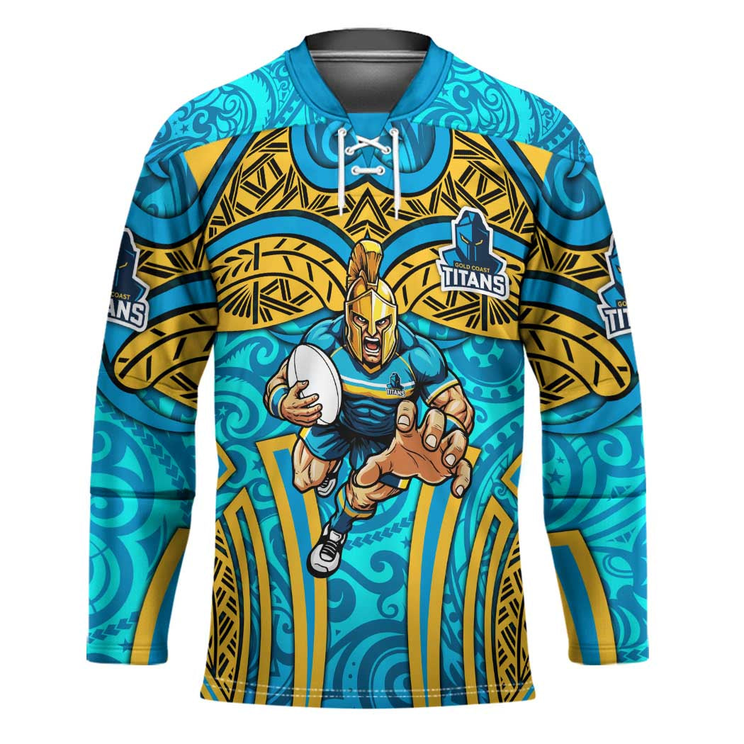 Gold Coast Titans Rugby Hockey Jersey Polynesian Tribal Spartan Warrior Blue Gold Pattern