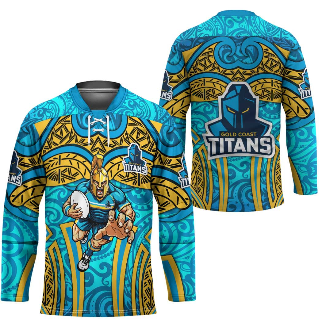Gold Coast Titans Rugby Hockey Jersey Polynesian Tribal Spartan Warrior Blue Gold Pattern