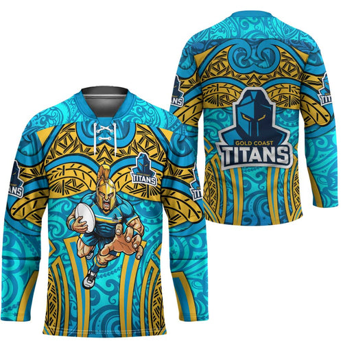 Gold Coast Titans Rugby Hockey Jersey Polynesian Tribal Spartan Warrior Blue Gold Pattern