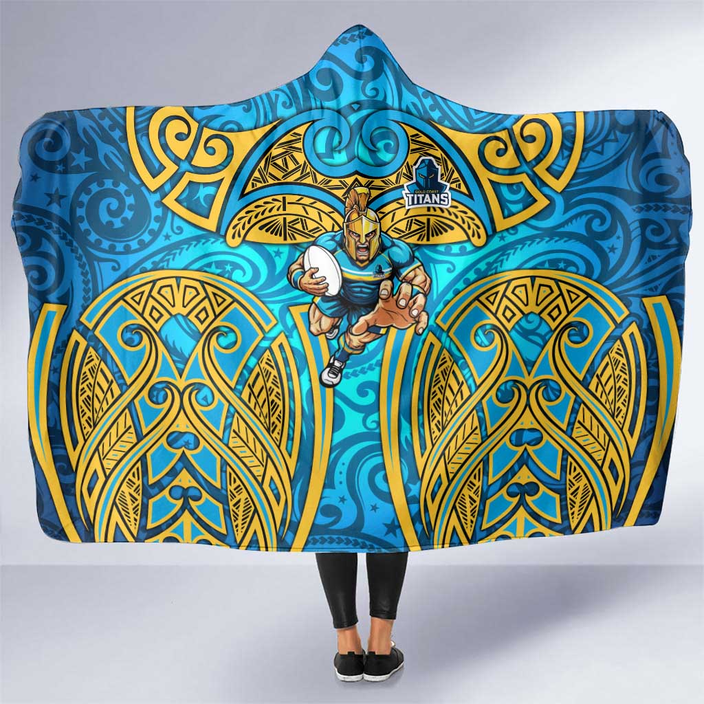 Gold Coast Titans Rugby Hooded Blanket Polynesian Tribal Spartan Warrior Blue Gold Pattern