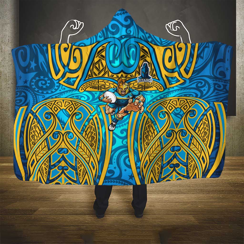 Gold Coast Titans Rugby Hooded Blanket Polynesian Tribal Spartan Warrior Blue Gold Pattern