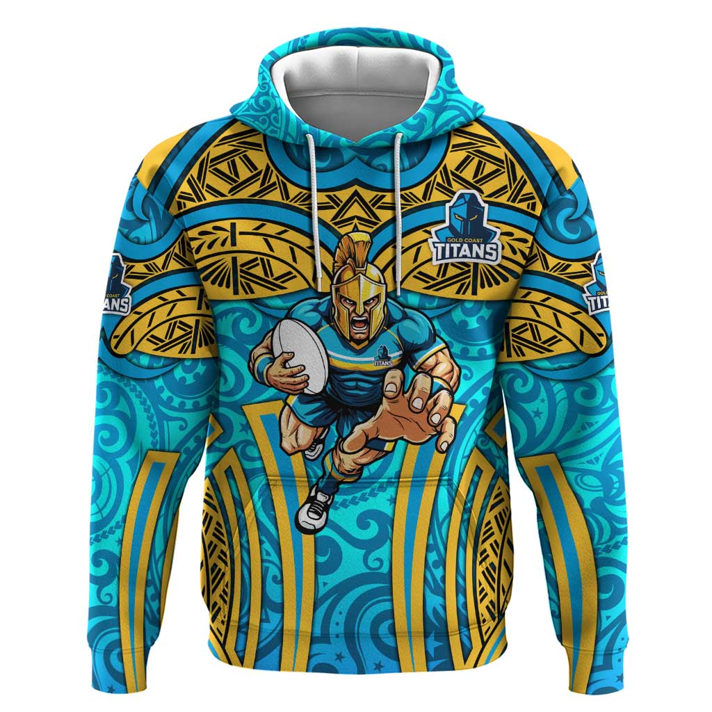 Gold Coast Titans Rugby Hoodie Polynesian Tribal Spartan Warrior Blue Gold Pattern