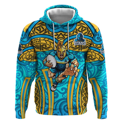 Gold Coast Titans Rugby Hoodie Polynesian Tribal Spartan Warrior Blue Gold Pattern
