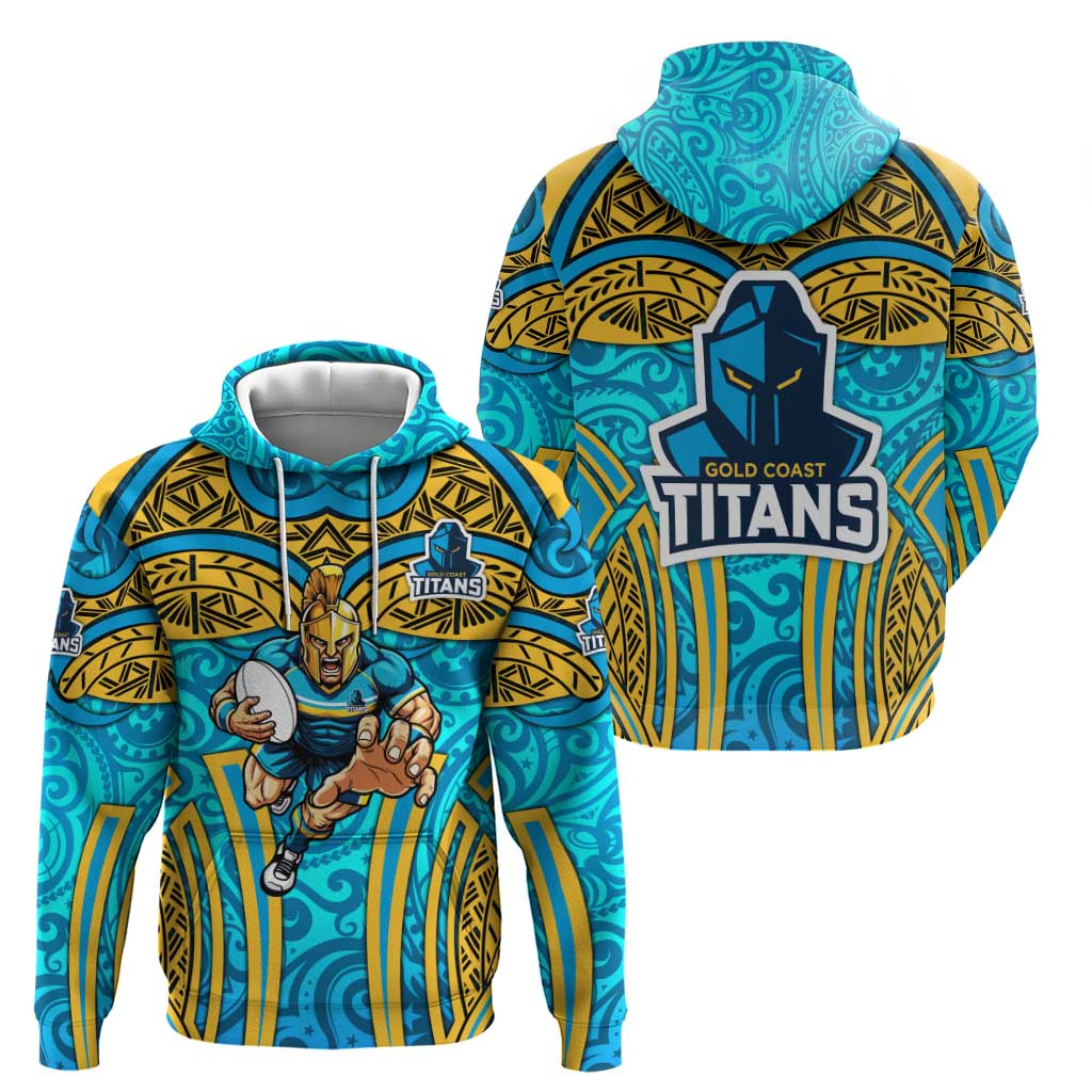Gold Coast Titans Rugby Hoodie Polynesian Tribal Spartan Warrior Blue Gold Pattern