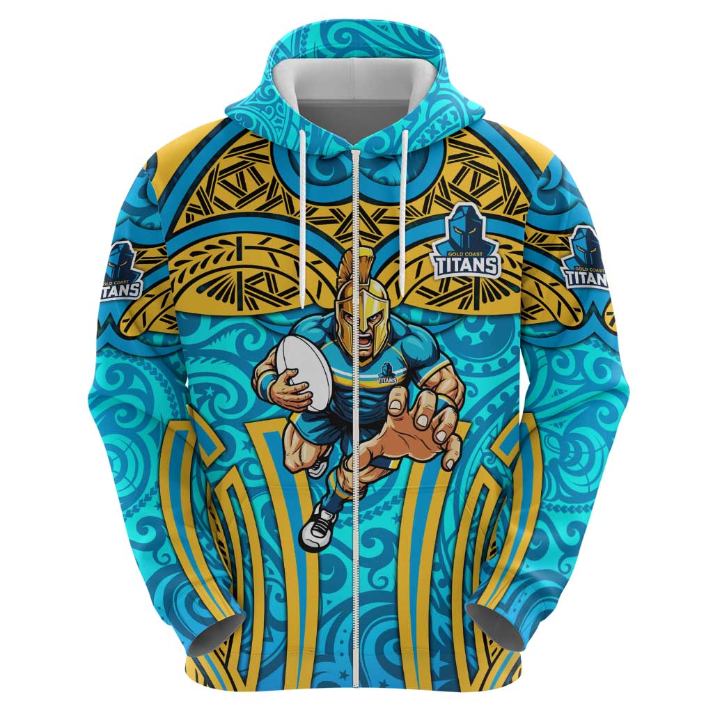 Gold Coast Titans Rugby Hoodie Polynesian Tribal Spartan Warrior Blue Gold Pattern