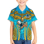 Gold Coast Titans Rugby Kid Hawaiian Shirt Polynesian Tribal Spartan Warrior Blue Gold Pattern