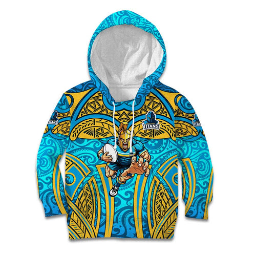 Gold Coast Titans Rugby Kid Hoodie Polynesian Tribal Spartan Warrior Blue Gold Pattern