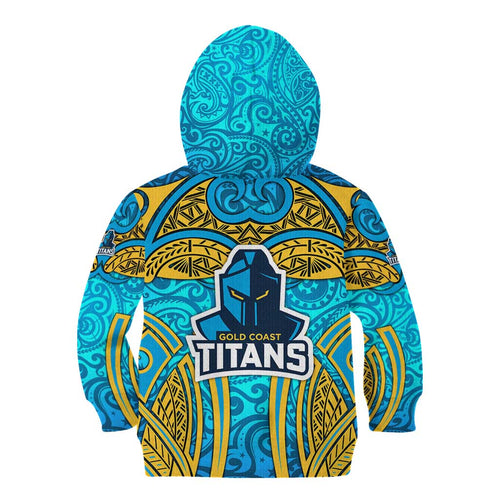 Gold Coast Titans Rugby Kid Hoodie Polynesian Tribal Spartan Warrior Blue Gold Pattern