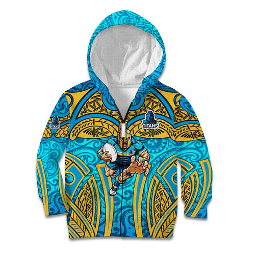 Gold Coast Titans Rugby Kid Hoodie Polynesian Tribal Spartan Warrior Blue Gold Pattern