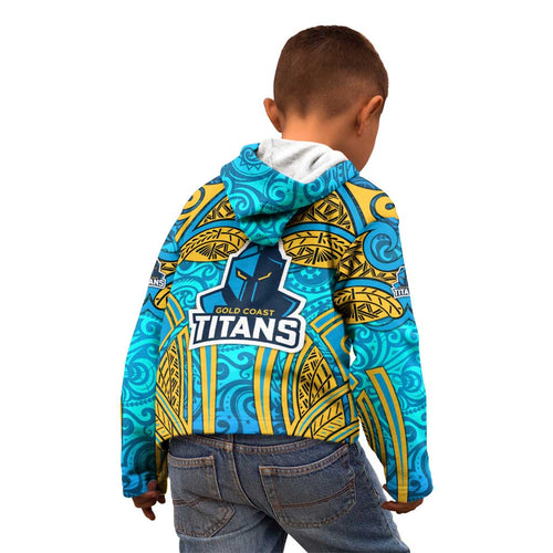 Gold Coast Titans Rugby Kid Hoodie Polynesian Tribal Spartan Warrior Blue Gold Pattern