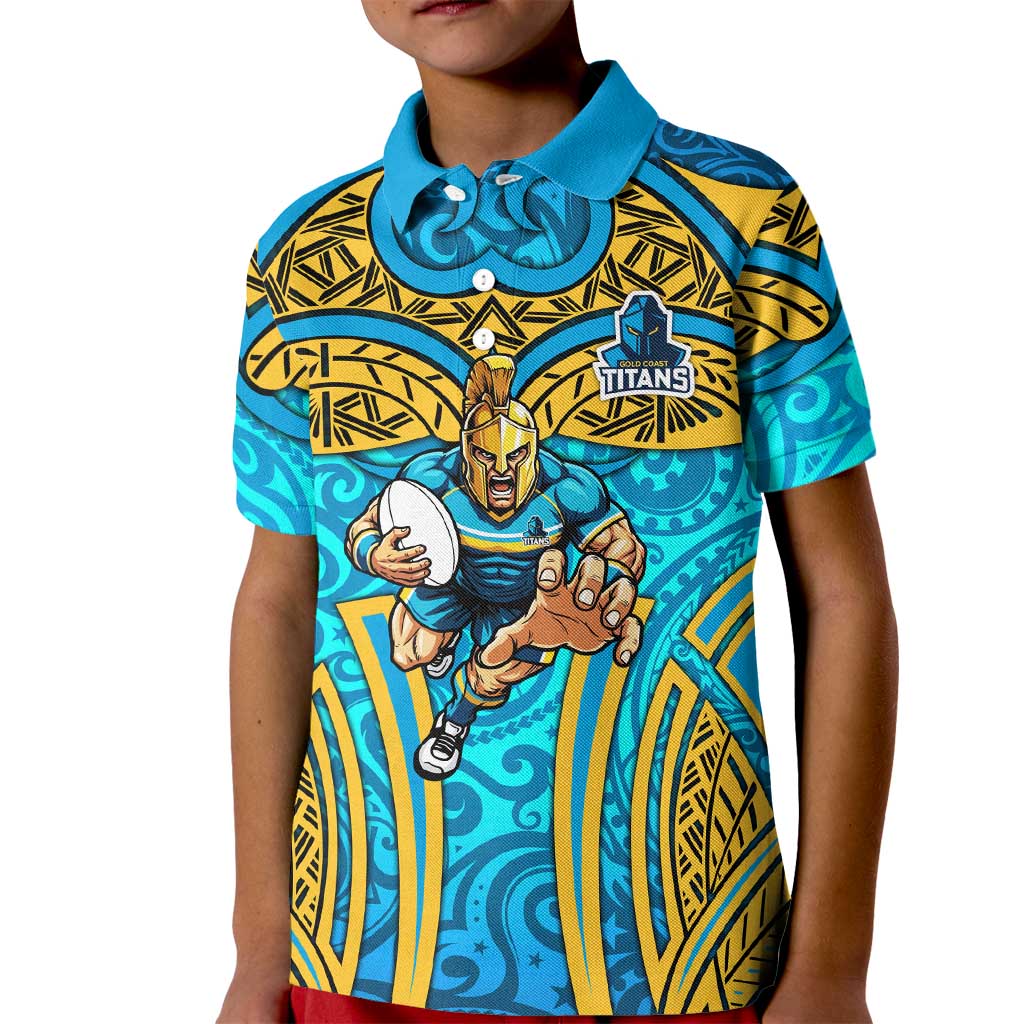 Gold Coast Titans Rugby Kid Polo Shirt Polynesian Tribal Spartan Warrior Blue Gold Pattern