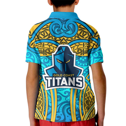 Gold Coast Titans Rugby Kid Polo Shirt Polynesian Tribal Spartan Warrior Blue Gold Pattern