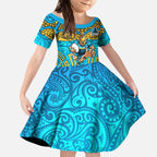 Gold Coast Titans Rugby Kid Short Sleeve Dress Polynesian Tribal Spartan Warrior Blue Gold Pattern
