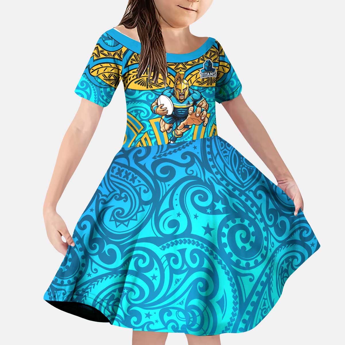 Gold Coast Titans Rugby Kid Short Sleeve Dress Polynesian Tribal Spartan Warrior Blue Gold Pattern