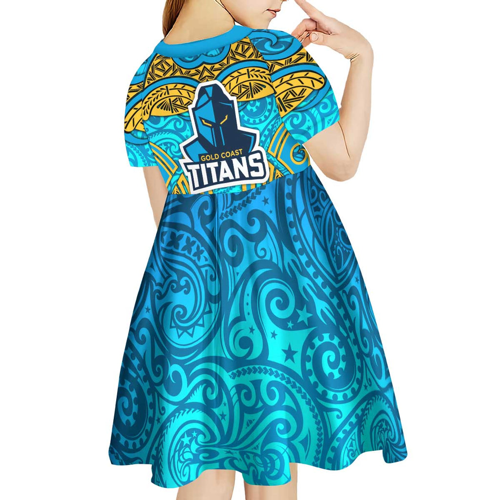 Gold Coast Titans Rugby Kid Short Sleeve Dress Polynesian Tribal Spartan Warrior Blue Gold Pattern