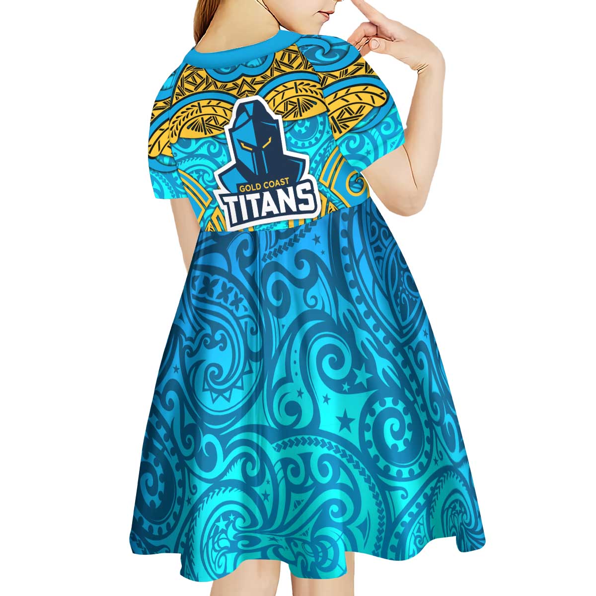 Gold Coast Titans Rugby Kid Short Sleeve Dress Polynesian Tribal Spartan Warrior Blue Gold Pattern