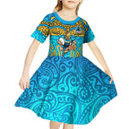 Gold Coast Titans Rugby Kid Short Sleeve Dress Polynesian Tribal Spartan Warrior Blue Gold Pattern