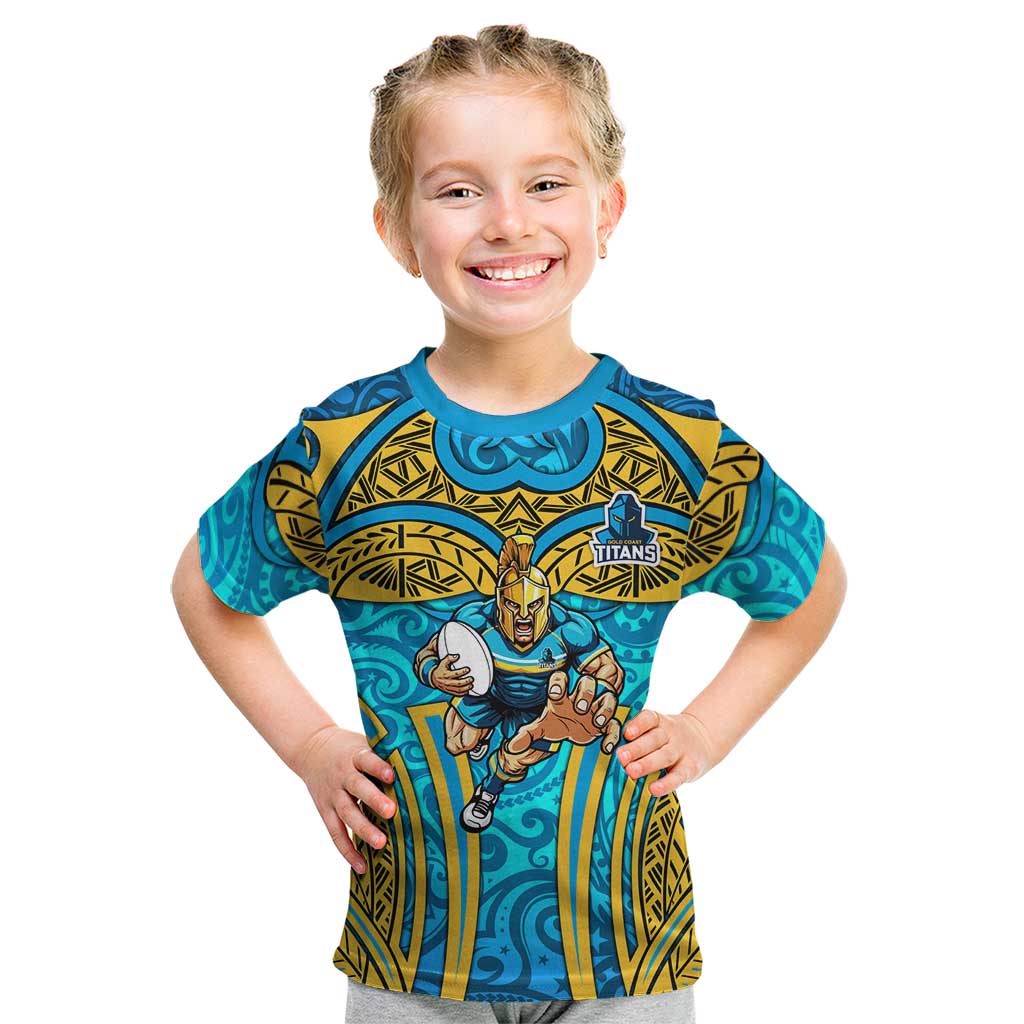 Gold Coast Titans Rugby Kid T Shirt Polynesian Tribal Spartan Warrior Blue Gold Pattern