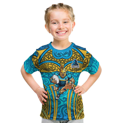 Gold Coast Titans Rugby Kid T Shirt Polynesian Tribal Spartan Warrior Blue Gold Pattern