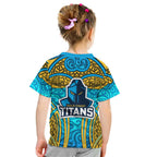Gold Coast Titans Rugby Kid T Shirt Polynesian Tribal Spartan Warrior Blue Gold Pattern