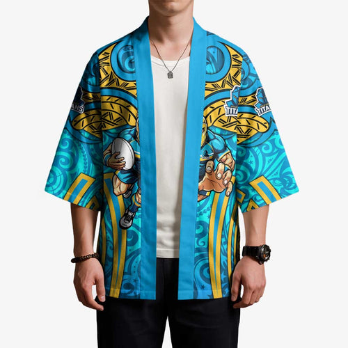 Gold Coast Titans Rugby Kimono Polynesian Tribal Spartan Warrior Blue Gold Pattern