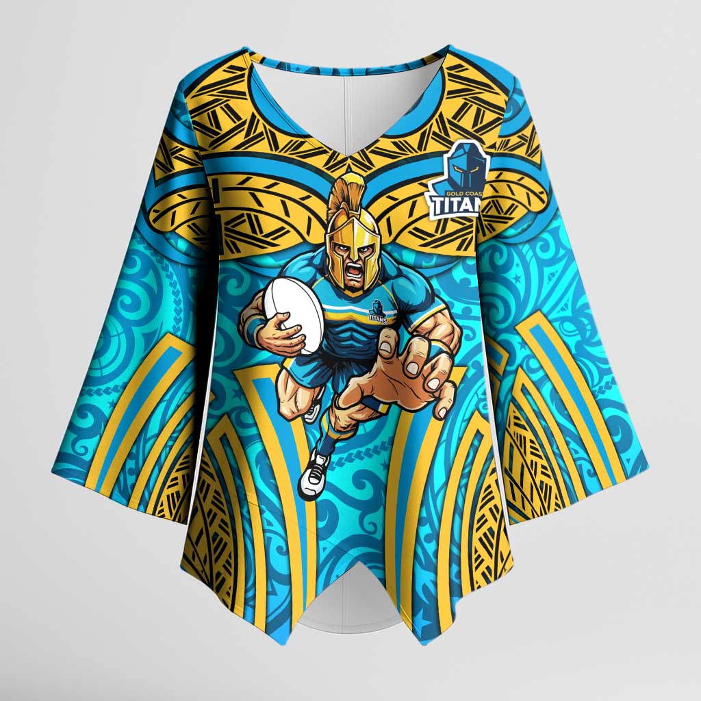 Gold Coast Titans Rugby Kimono Sleeve Blouse Polynesian Tribal Spartan Warrior Blue Gold Pattern