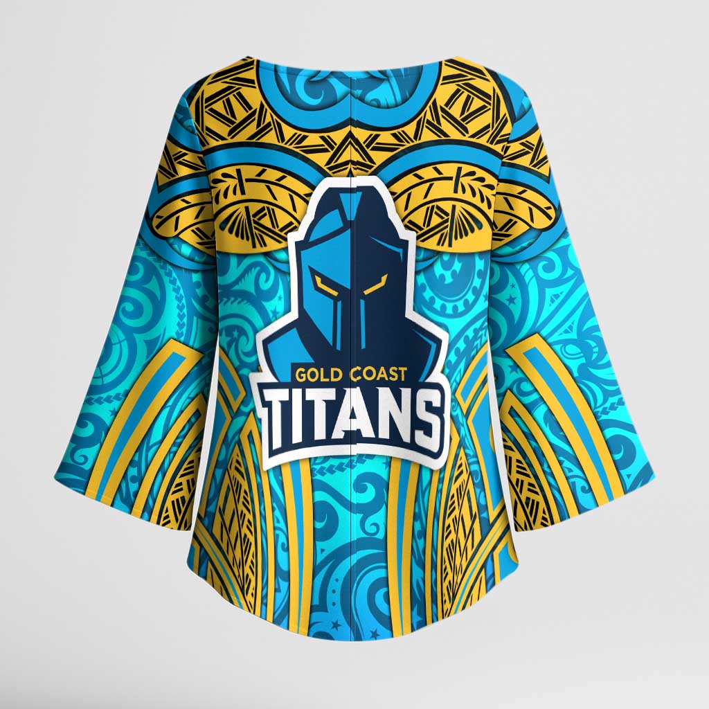 Gold Coast Titans Rugby Kimono Sleeve Blouse Polynesian Tribal Spartan Warrior Blue Gold Pattern