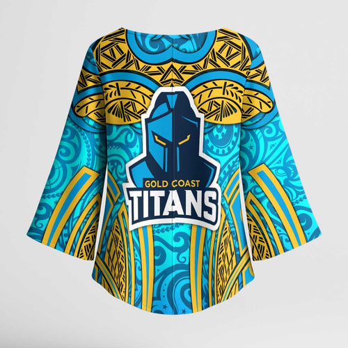 Gold Coast Titans Rugby Kimono Sleeve Blouse Polynesian Tribal Spartan Warrior Blue Gold Pattern