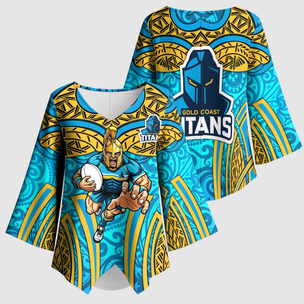 Gold Coast Titans Rugby Kimono Sleeve Blouse Polynesian Tribal Spartan Warrior Blue Gold Pattern