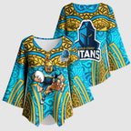 Gold Coast Titans Rugby Kimono Sleeve Blouse Polynesian Tribal Spartan Warrior Blue Gold Pattern