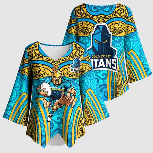 Gold Coast Titans Rugby Kimono Sleeve Blouse Polynesian Tribal Spartan Warrior Blue Gold Pattern